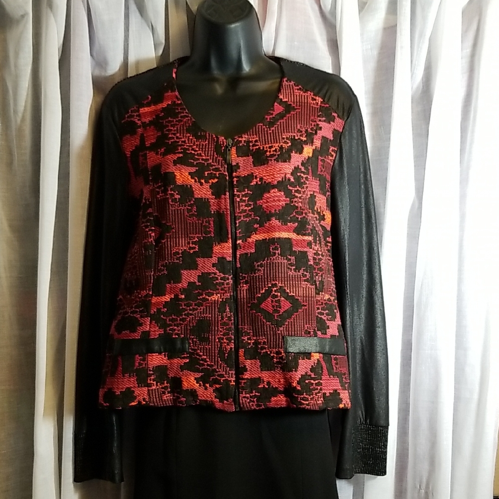 Unique Red and Black French Design Zip Front Jacket Top